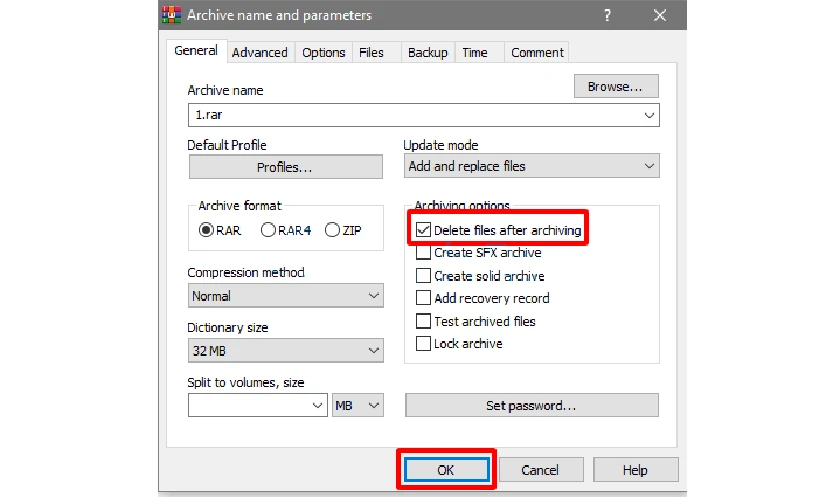 Tích chọn Delete files after archiving, sau đó nhấn OK