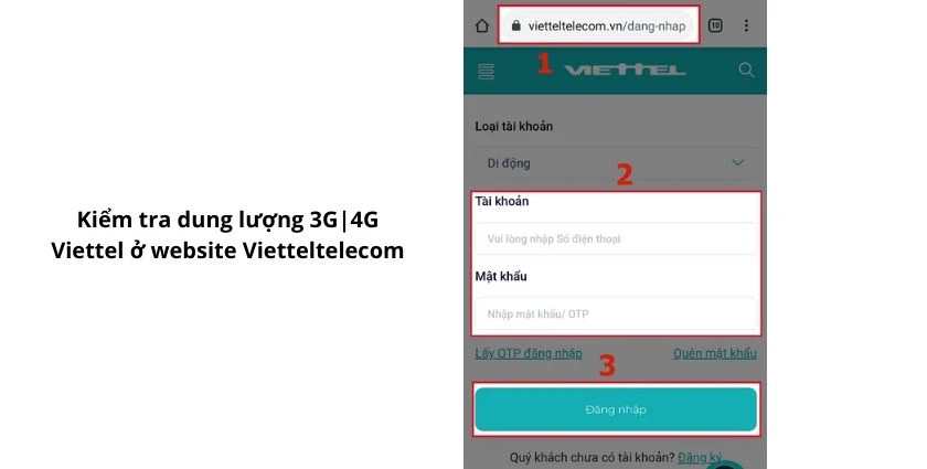 Kiểm tra dung lượng 3G|4G Viettel ở website Vietteltelecom