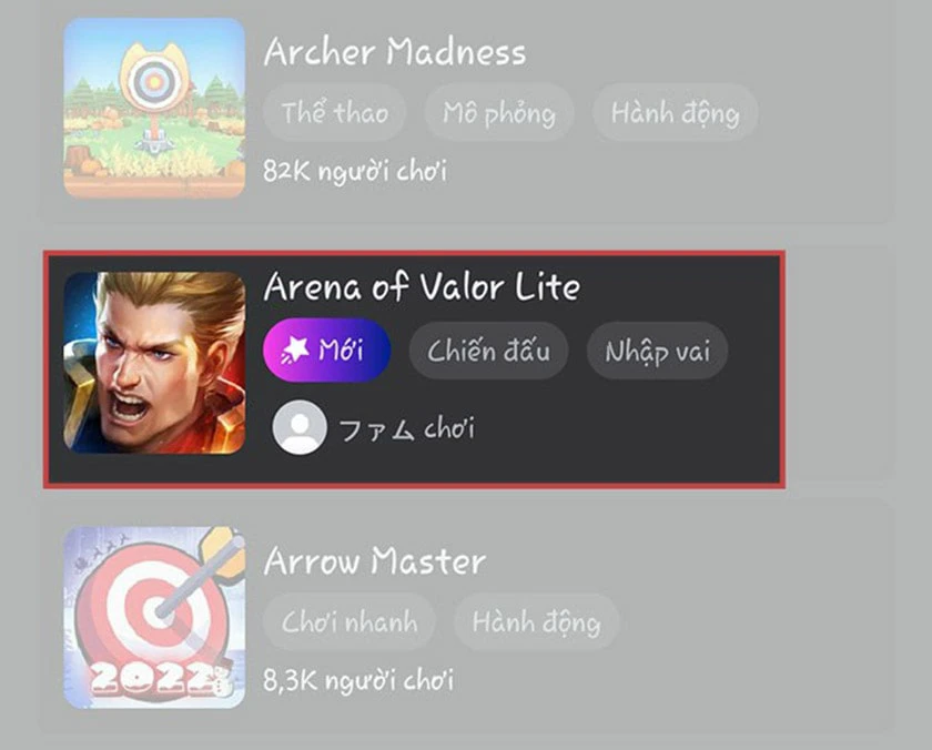 thao tác tìm và nhấn chọn tựa game Arena of Valor Lite