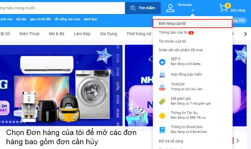 Cách hủy đơn hàng Tiki trên máy tính