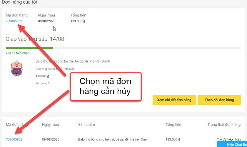 Cách hủy đơn hàng Tiki trên máy tính