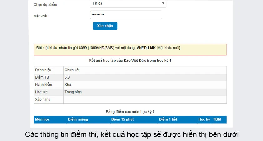 Kết quả học tập của học sinh sẽ được hiển thị bên dưới
