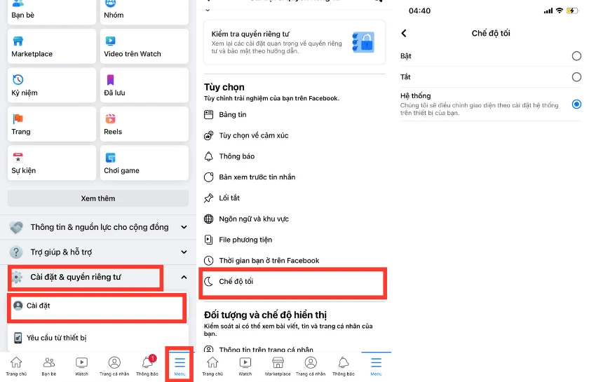 Chế độ Dark mode trên facebook Facebook