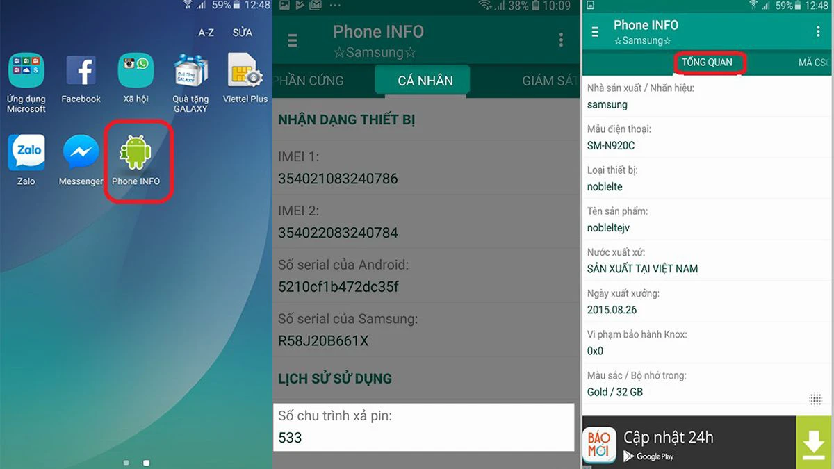 Cách kiểm tra số lần sạc pin Samsung thông qua ứng dụng Phone INFO