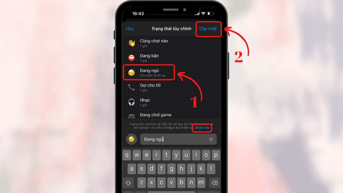 Chọn trạng thái mà bạn mong muốn, rồi nhấn Cập nhật.