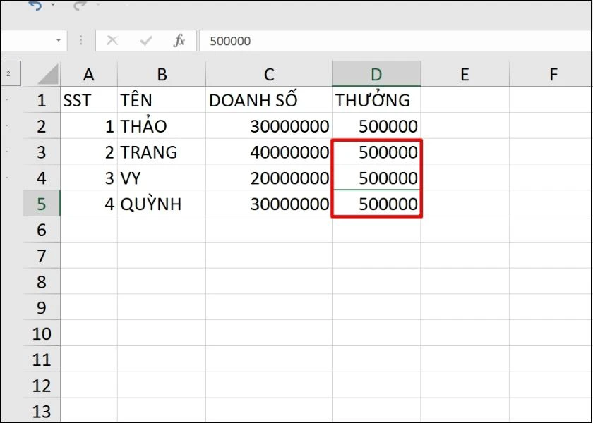 dùng ctrl d để sao chép dữ liệu các ô liền kề