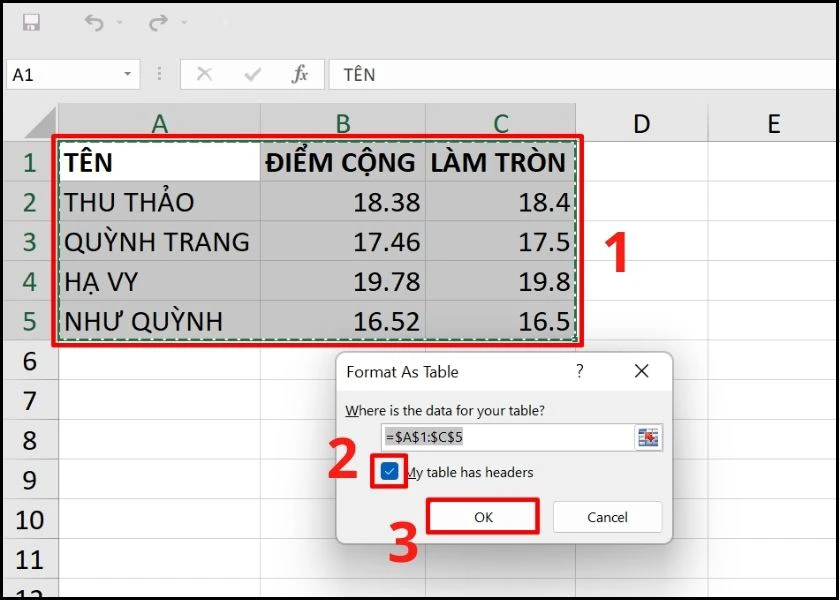 tạo table trên excel