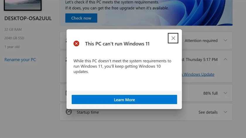máy không hỗ trợ khi nâng cấp lên windows 11 sẽ lỗi