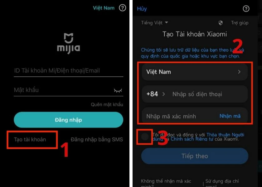 nhấn tạo tài khoản trên mi home