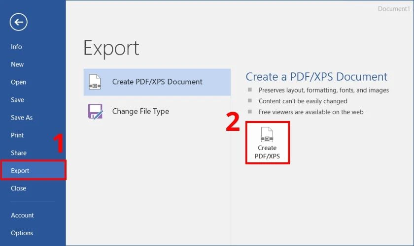 chọn vào export và chọn create pdf/xps