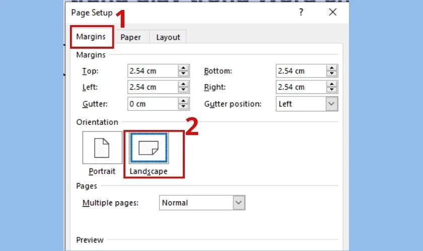 Vào Margins và chọn Landscape