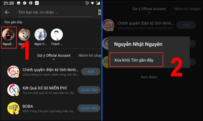 xóa người dùng khỏi tìm gần đây