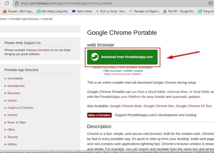 truy cập link download google chrome portable