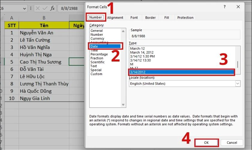 định dạng date trong excel