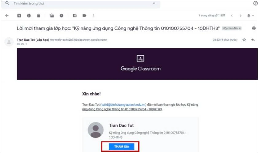 chức năng vào lớp qua lời mời email cho học sinh