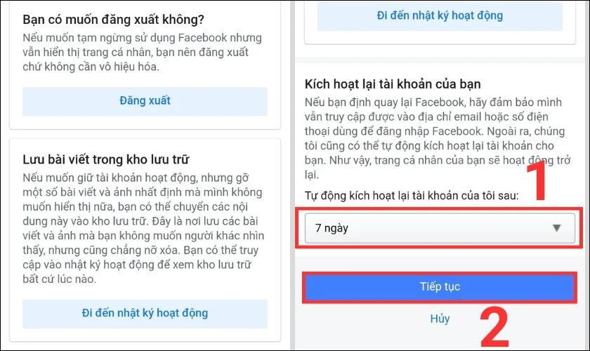 xoá trang trên facebook tạm thời