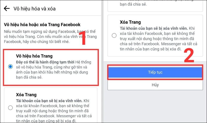 vô hiệu hoá trang facebook trên điện thoại