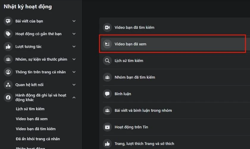 chọn mục video bạn đã xem