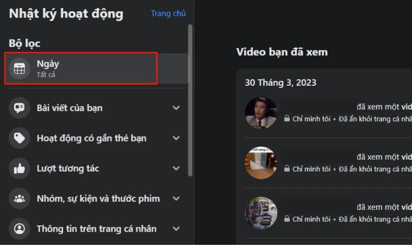 nhấn vào mục ngày và lọc video theo thời gian