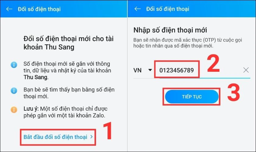 đổi số điện thoại để lấy lại quyền truy cập zalo