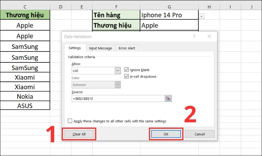 delete list trong excel