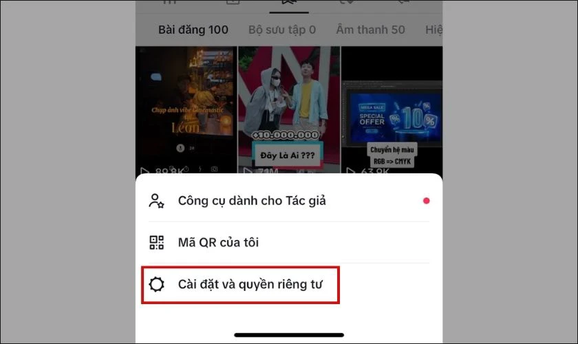 nhấn vào mục cài đặt và quyền riêng tư
