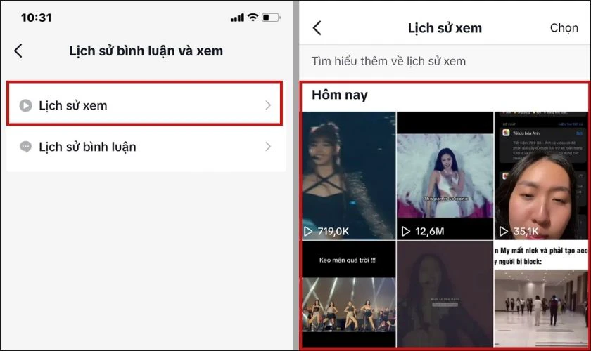 nhấn vào lịch sử xem để thực hiện cách xem lại video tiktok đã xem