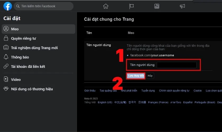 các thao tác để đổi link facebook trên fanpage