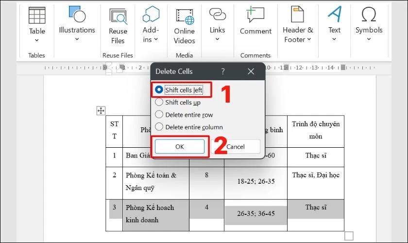 cách xóa hàng trong bảng trên word