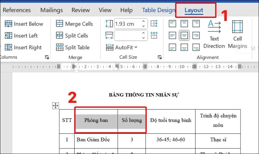 cách gộp ô bảng trong word