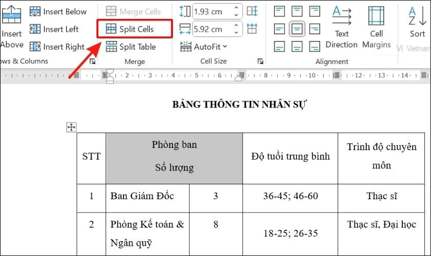 cách tách ô trong bảng