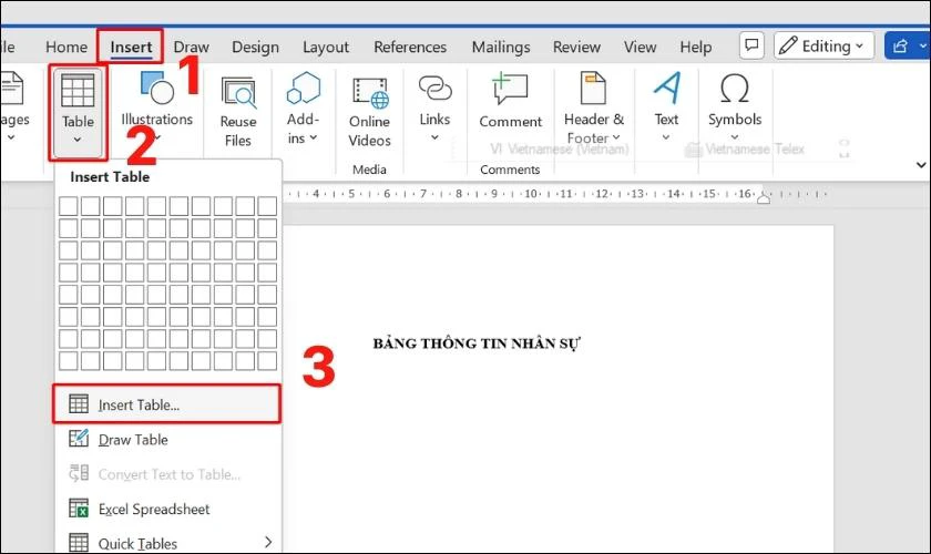 tạo bảng bằng cách chèn trong word