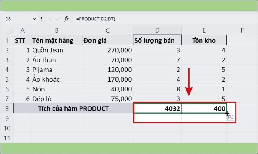 cách sử dụng hàm product để tính tích trong Excel là 