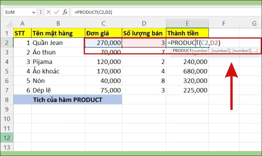 Cách tính tích nhiều cột trong Excel 