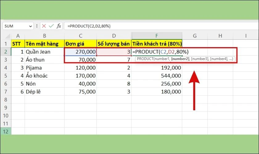 Cách nhân nhiều cột với 1 số trong Excel 