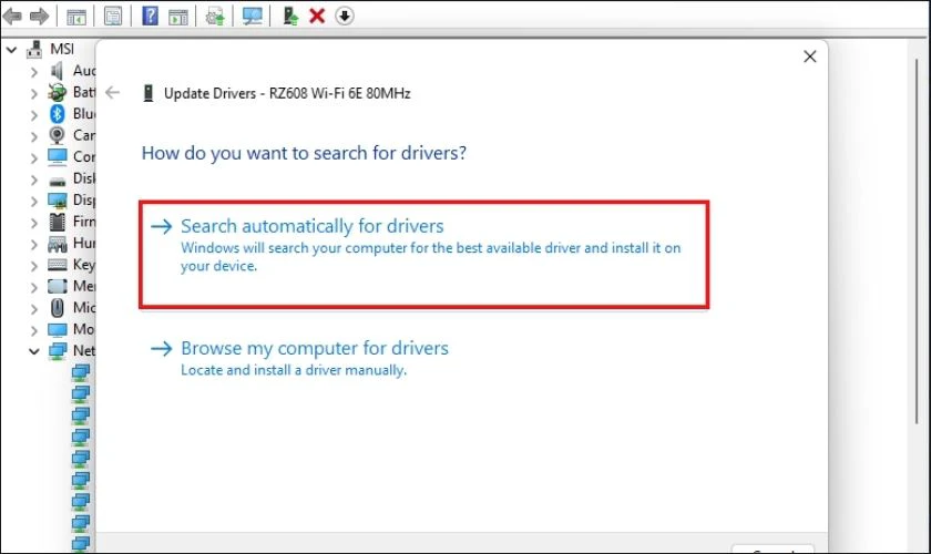 Giao diện mục Search automatically for drivers