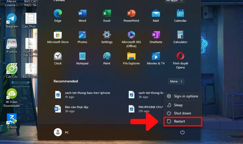 Nhấn vào mục Restart để khởi động lại laptop