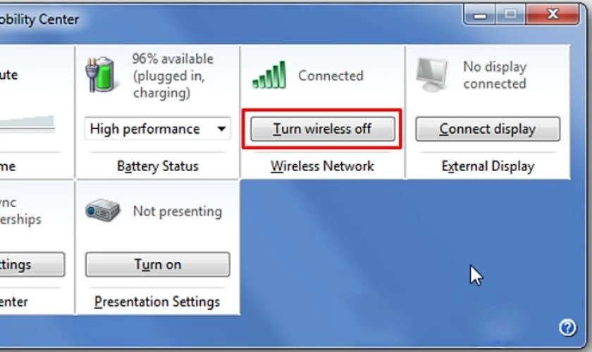 Nhấn Turn wireless off để thực hiện cách kết nối WiFi trên laptop Win 7