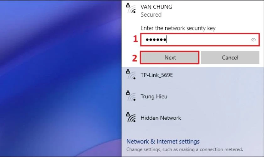 Nhập mật khẩu để thực hiện cách kết nối WiFi cho laptop Win 7