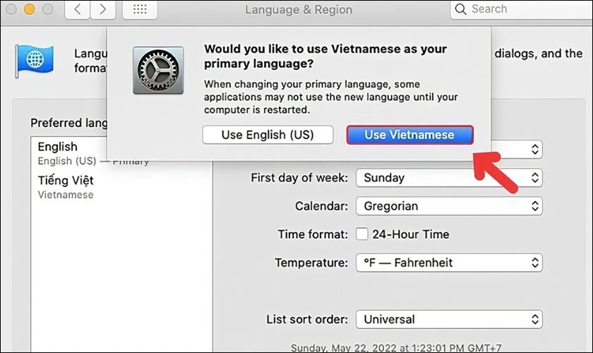 Chọn Use Vietnamese để sử dụng tiếng Việt