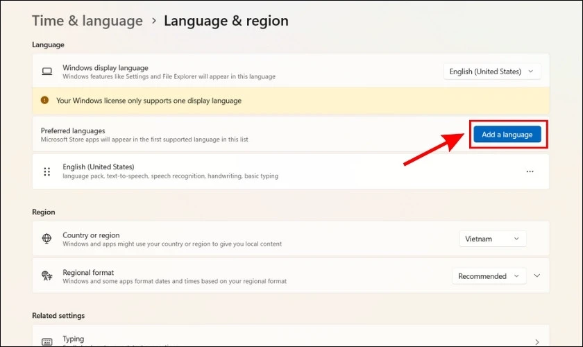 Chọn Add a language để thêm ngôn ngữ
