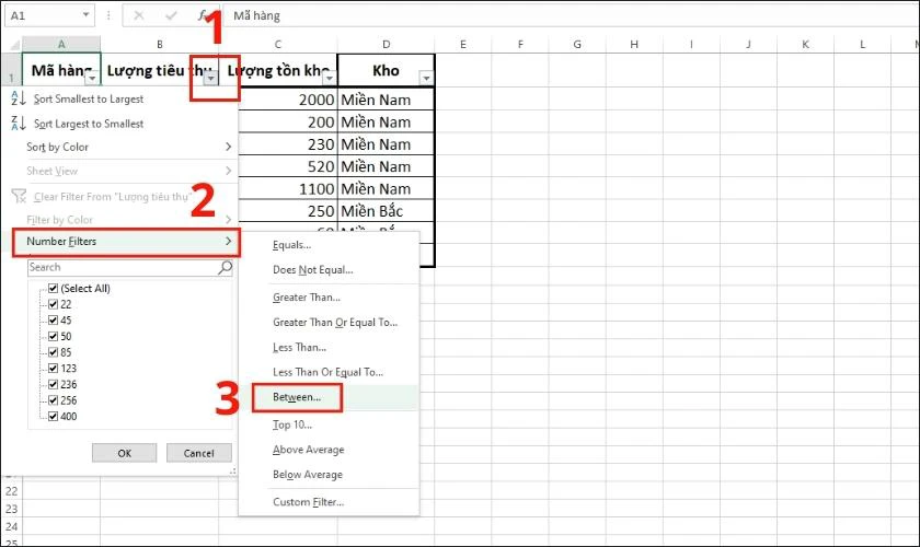 cách lọc data dạng số trong trong bảng tính