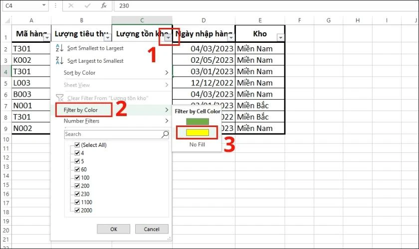 hàm lọc dữ liệu màu sắc có điều kiện trong excel