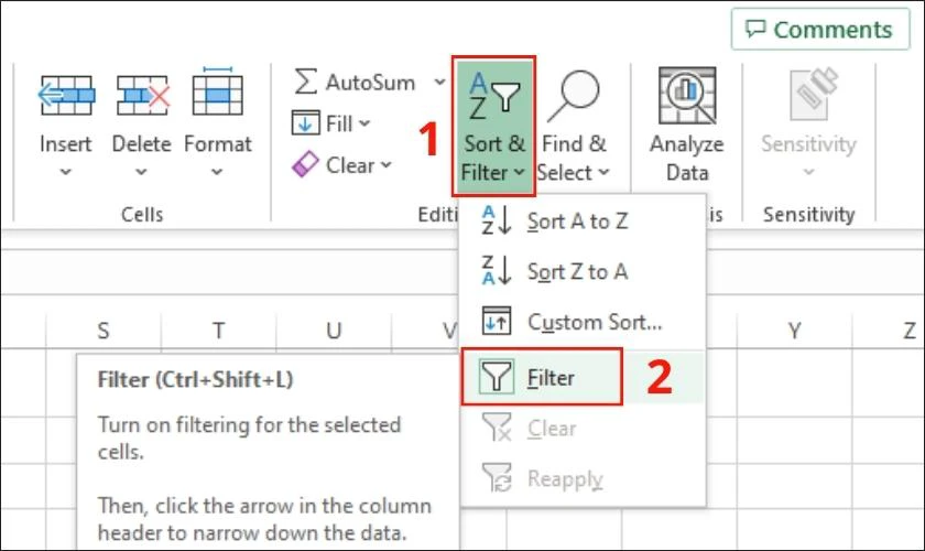 Thêm công cụ Filter vào bảng tính Excel