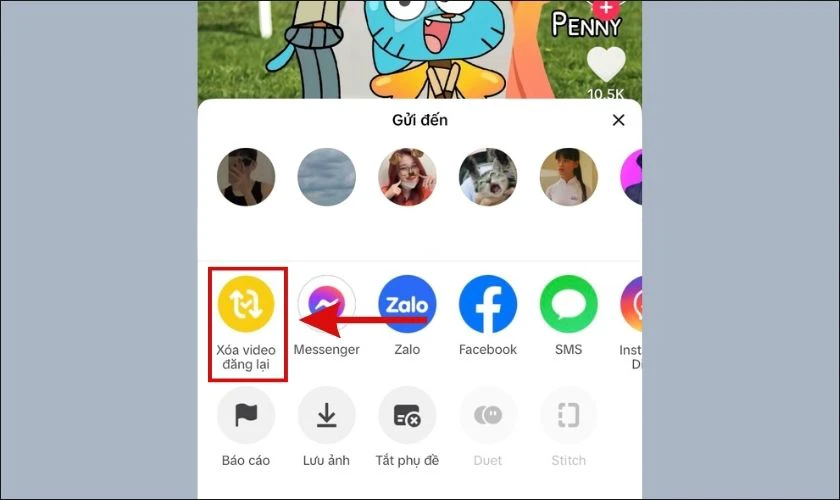 Chọn vào mục Xóa video Đăng lại