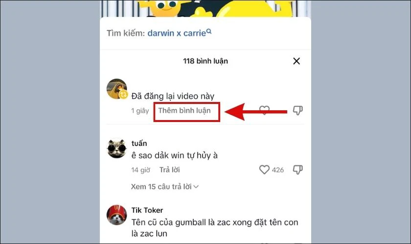 Nhấn vào mục thêm bình luận