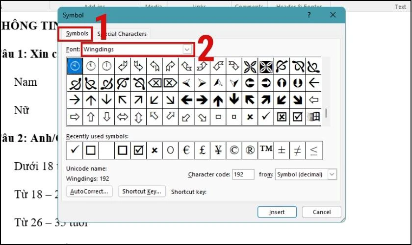 Chèn ô tick vào Word với Symbol