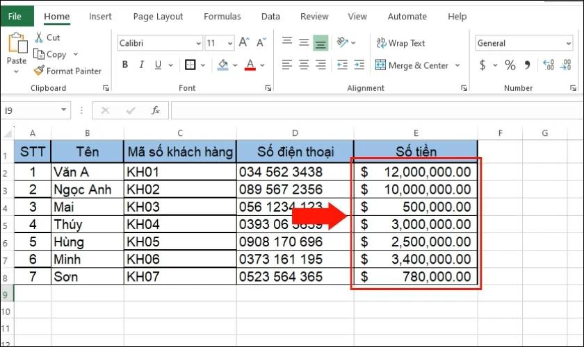 định dạng dữ liệu theo đơn vị tiền tệ