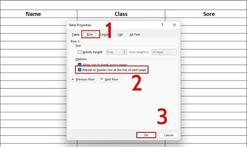 Chọn Repeat as header row at the top of the each page
