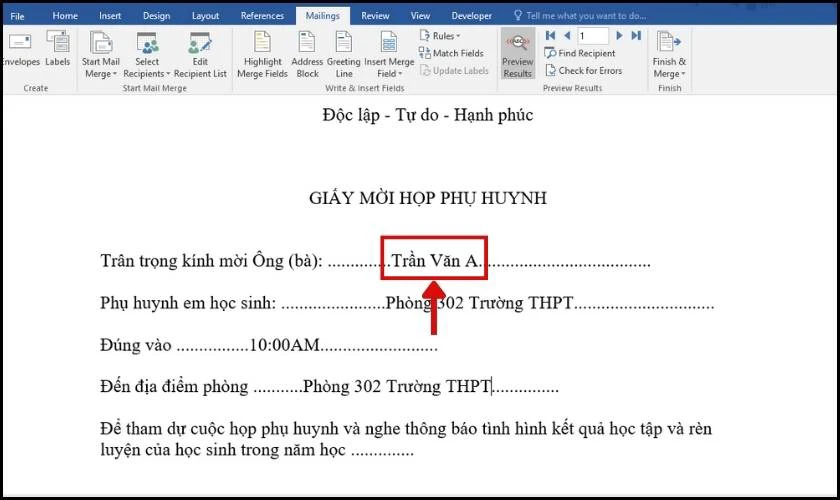 Kết quả sau khi hướng dẫn trộn thư trong Word 2010, 2016 